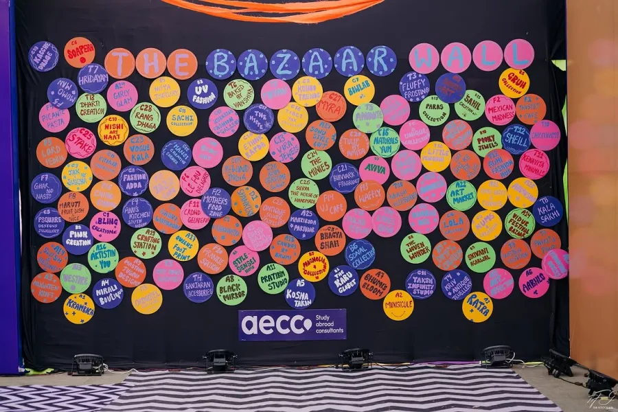 The Weekend Bazaar wall, covered in hand-painted circular badges