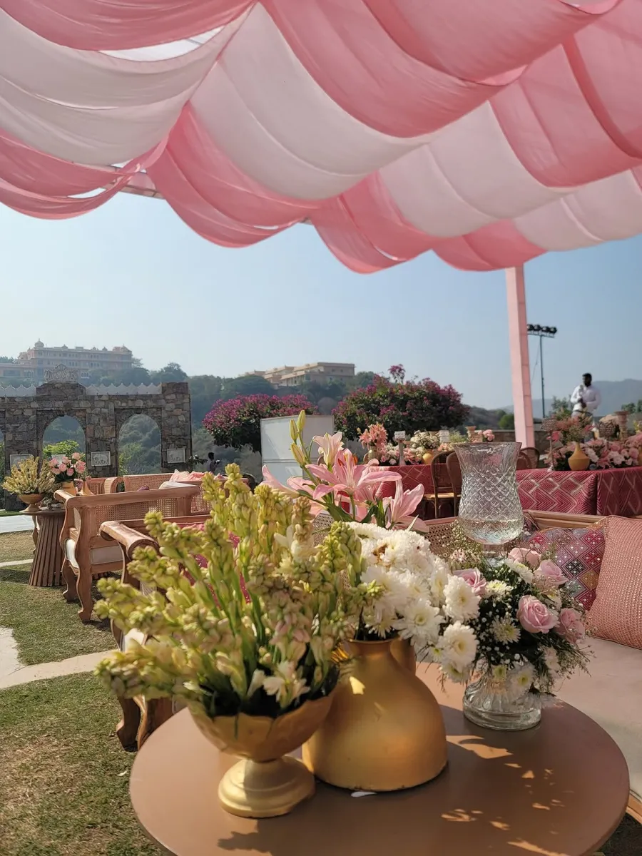 Pink draped canopy above a table with a gold vase of flowers